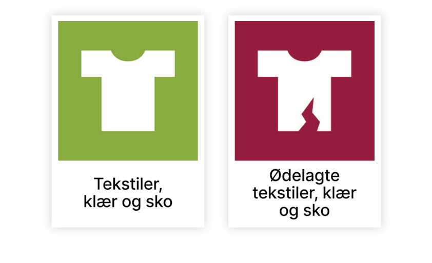 Viser to symboler - tekstiler, klær og sko til ombruk og ødelagte tekstiler